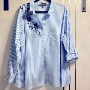 Alexander Jordan 3X Blue/White Vertical Striped Embroidered Button down Shirt